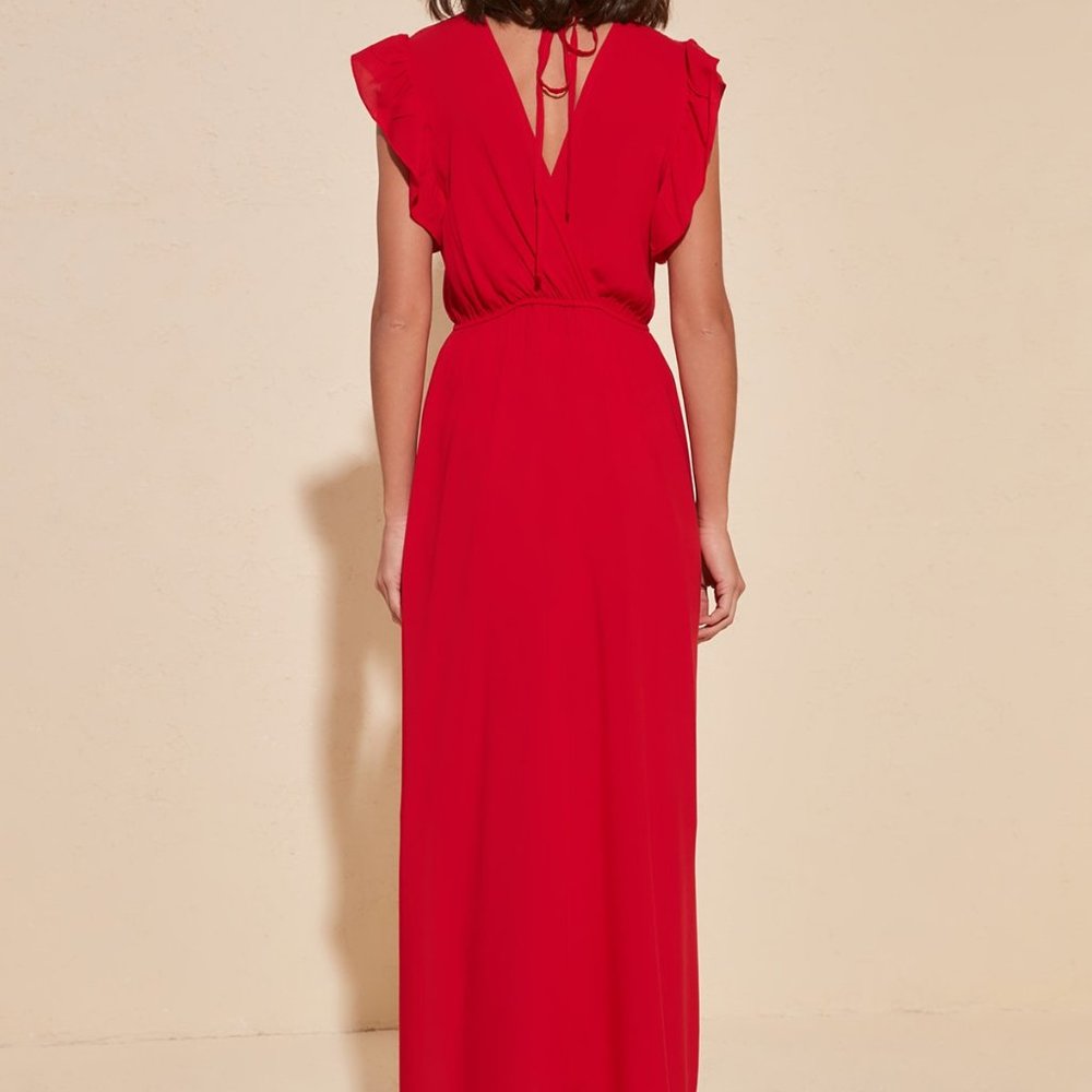 Red V neck Maxi Ruffle Shoulder Sleevless Dress - Picture 4 of 4